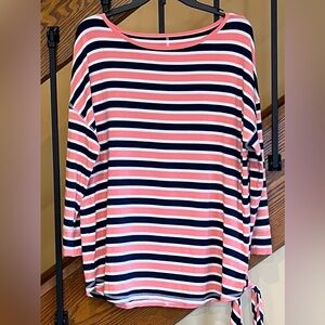 T By Talbots Top UPF 50 Stripped Long Sleeve tie At Hip Navy white-coral SZ. XL